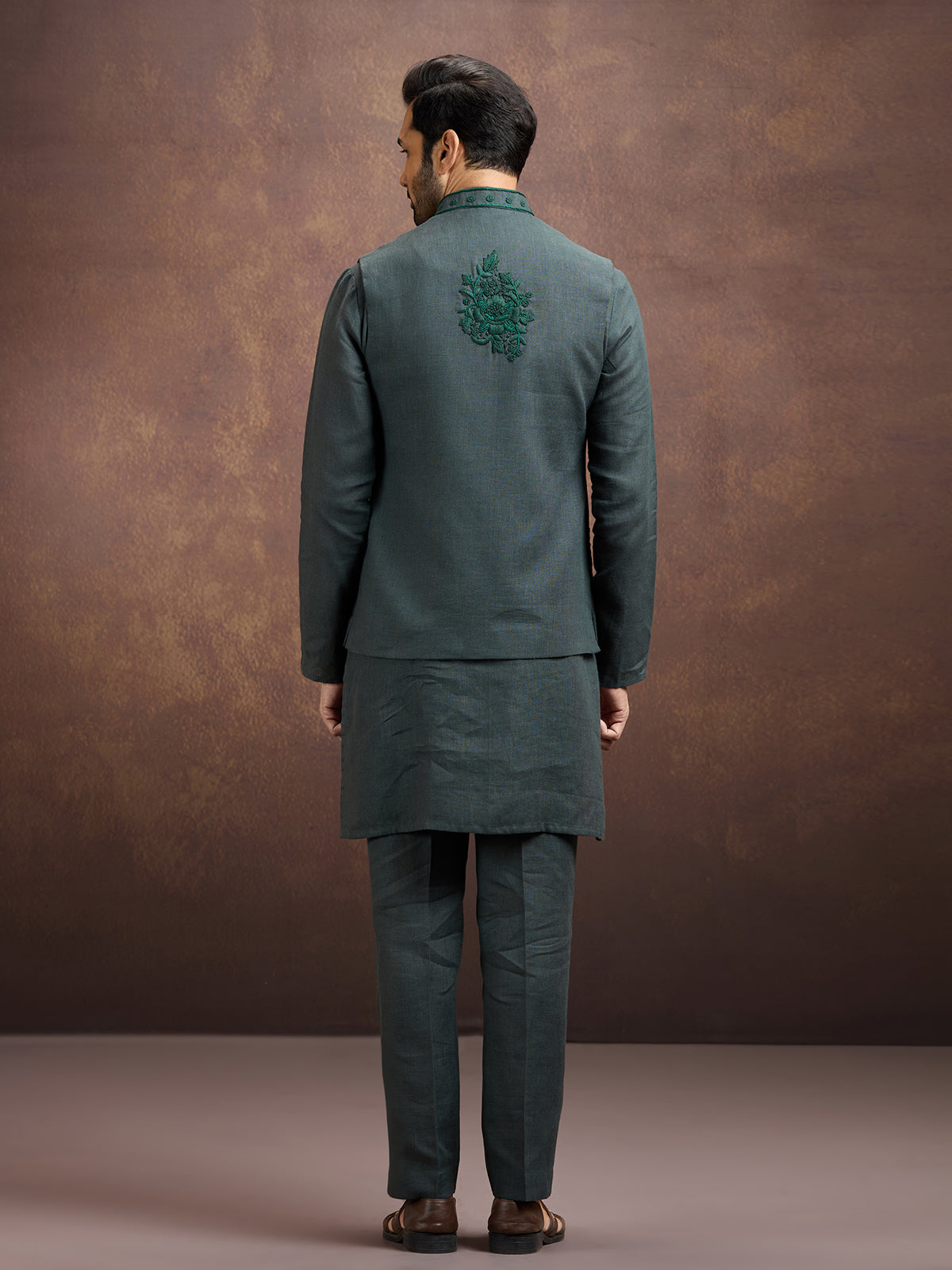Green premium embroidered linen waistcoat set