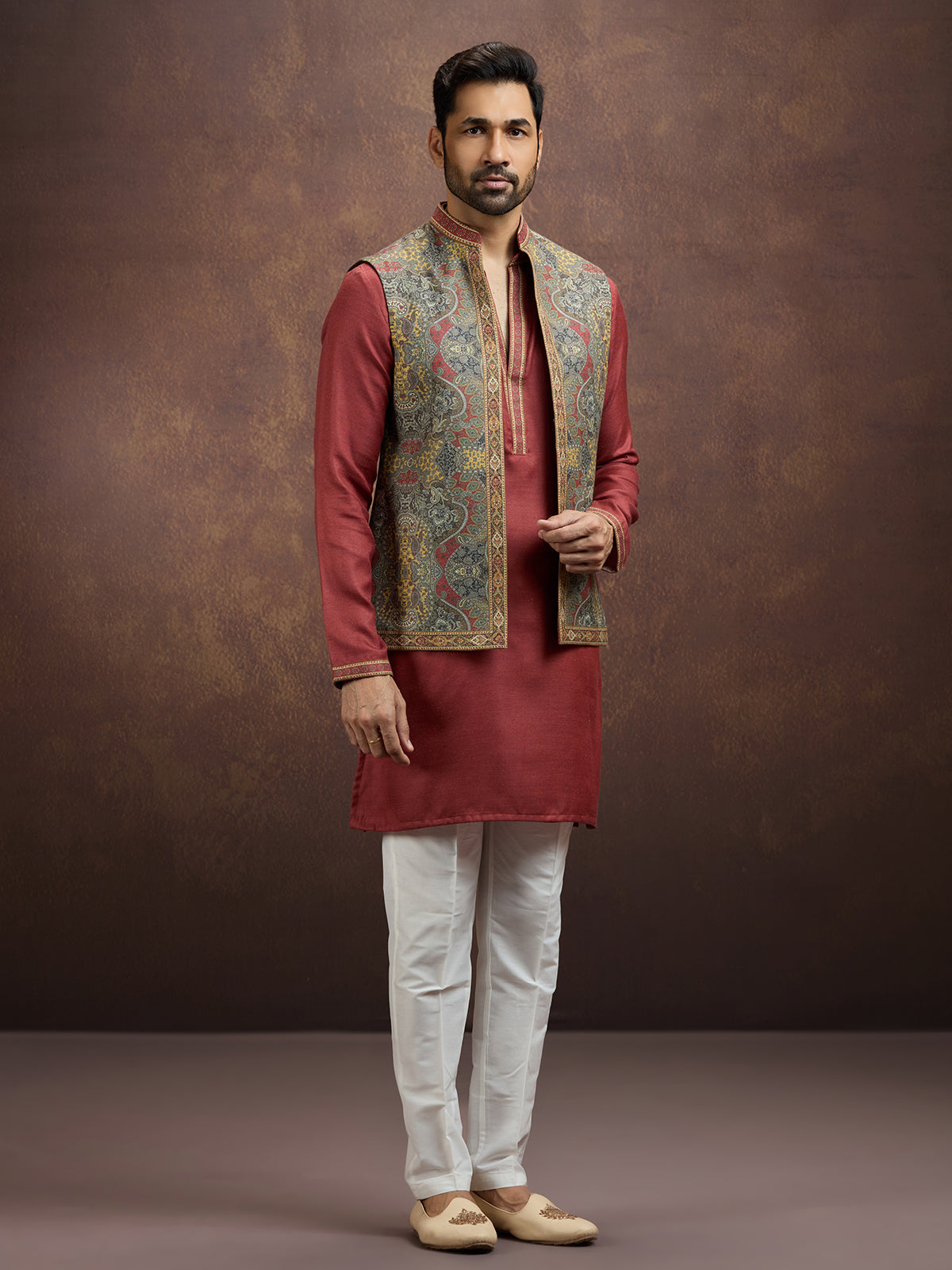 Maroon majestic pashmina silk waistcoat set