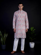 Pink floral printed cotton blend festive kurta suit for men