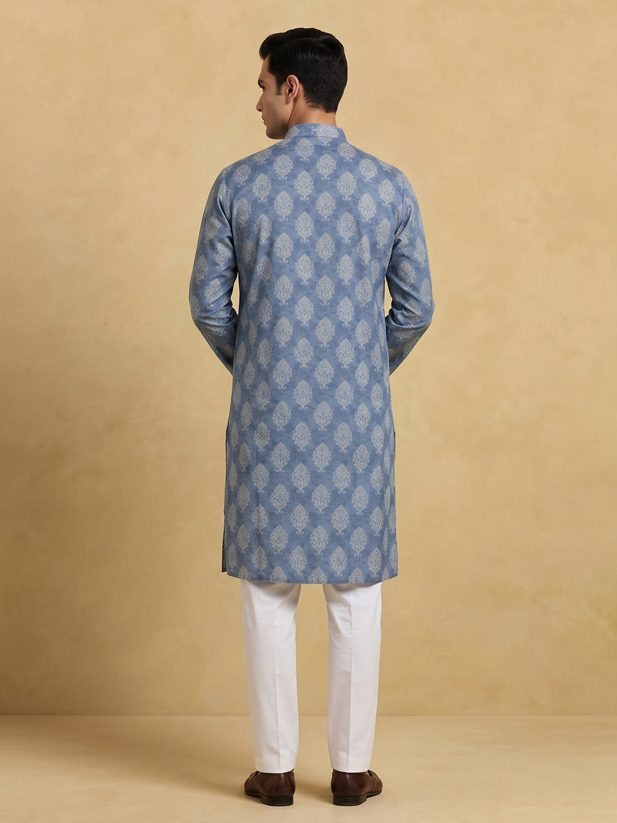 Blue printed cotton blend festive mandarin kurta suit for men