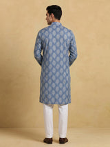 Blue printed cotton blend festive mandarin kurta suit for men