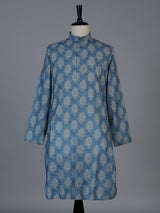 Blue printed cotton blend festive mandarin kurta suit for men