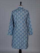 Blue printed cotton blend festive mandarin kurta suit for men