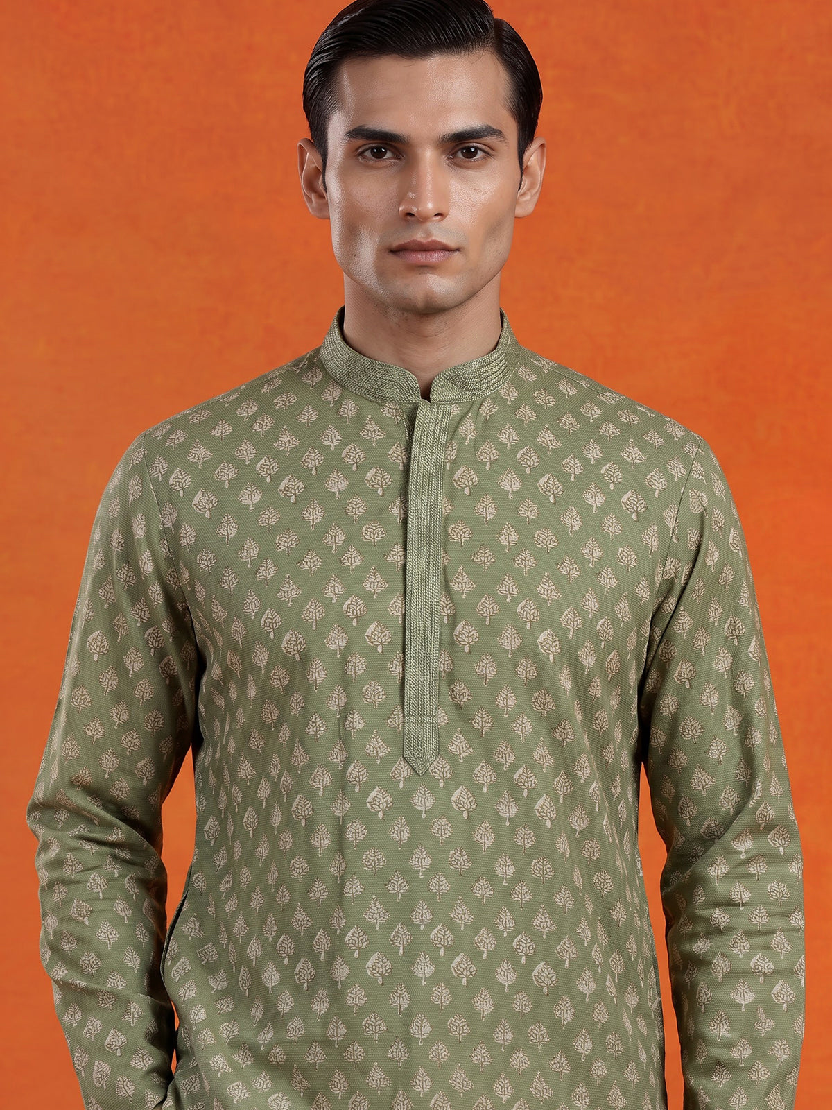 Pista green butti printed cotton blend festive kurta suit for men