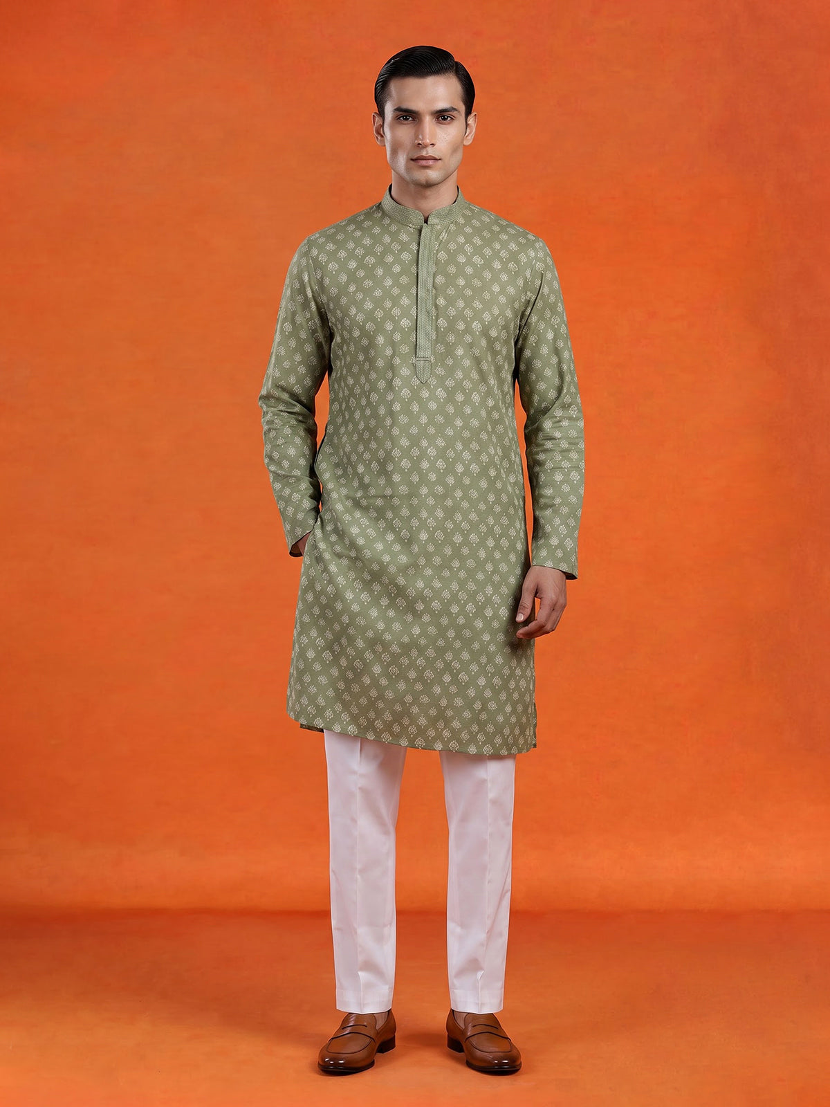 Pista green butti printed cotton blend festive kurta suit for men