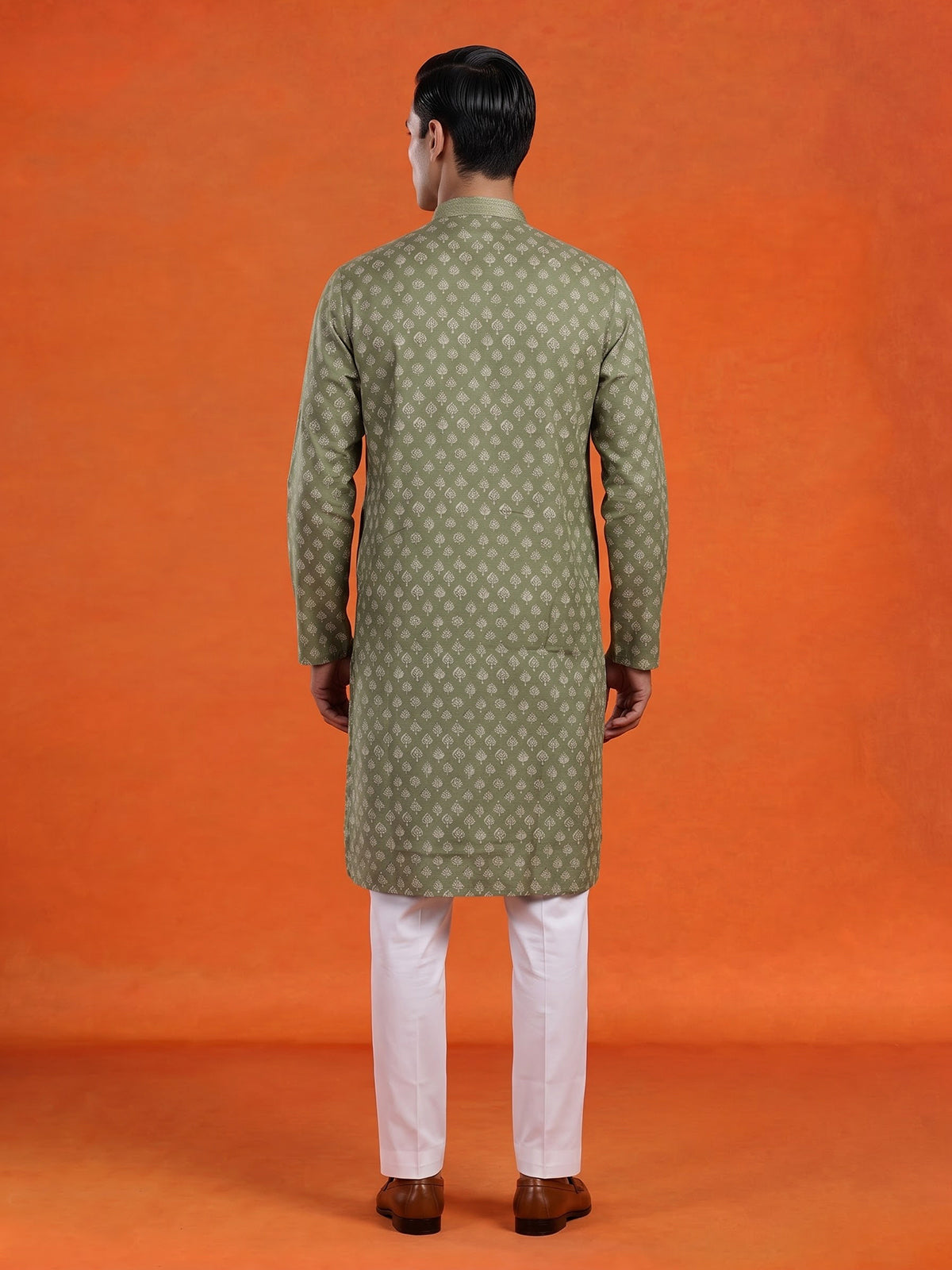 Pista green butti printed cotton blend festive kurta suit for men