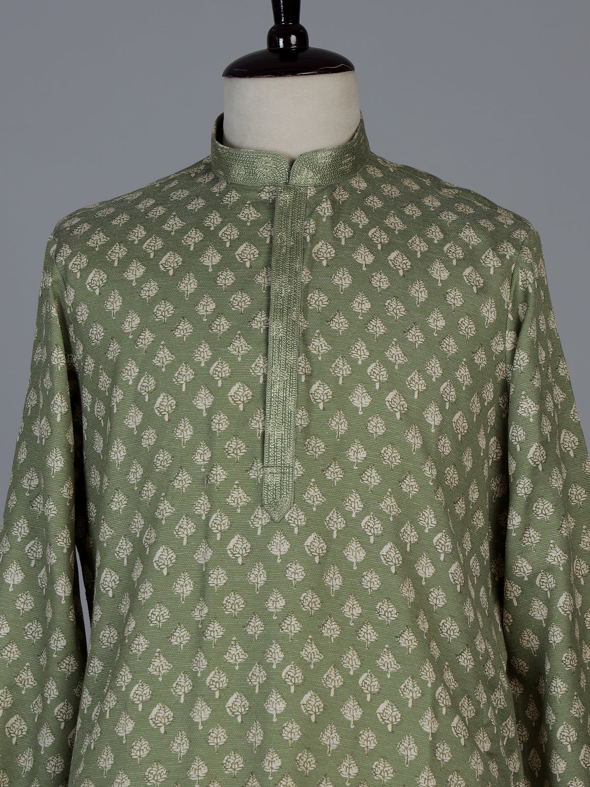 Pista green butti printed cotton blend festive kurta suit for men