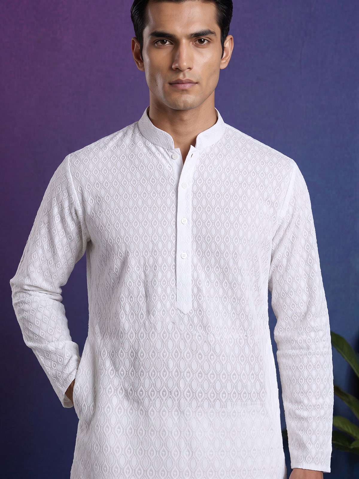 White cotton thread work festive kurta suit for men
