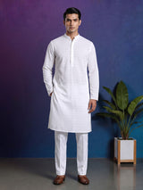 White cotton thread work festive kurta suit for men