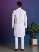 White cotton thread work festive kurta suit for men