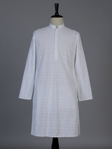 White cotton thread work festive kurta suit for men