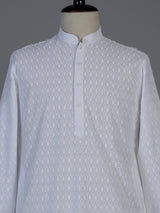 White cotton thread work festive kurta suit for men