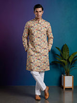 Beige printed cotton blend festive kurta suit for men with mandarin collar