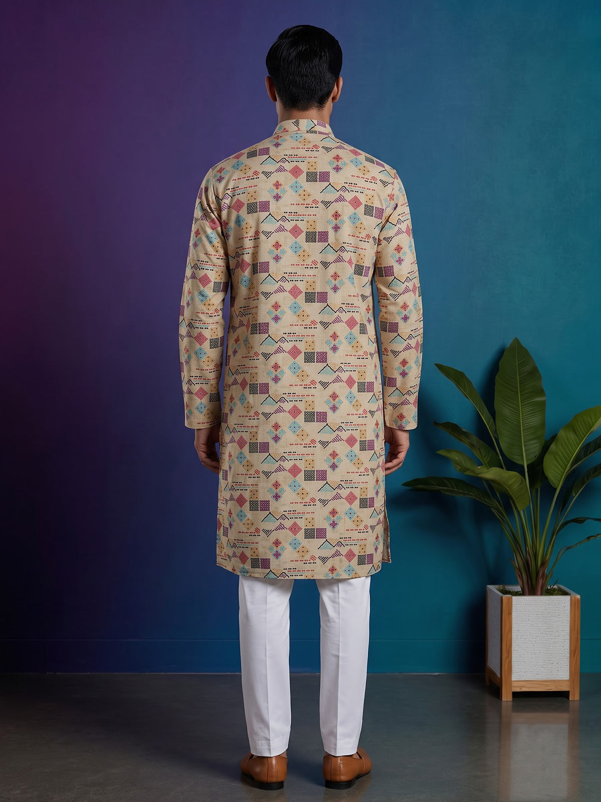 Beige printed cotton blend festive kurta suit for men with mandarin collar