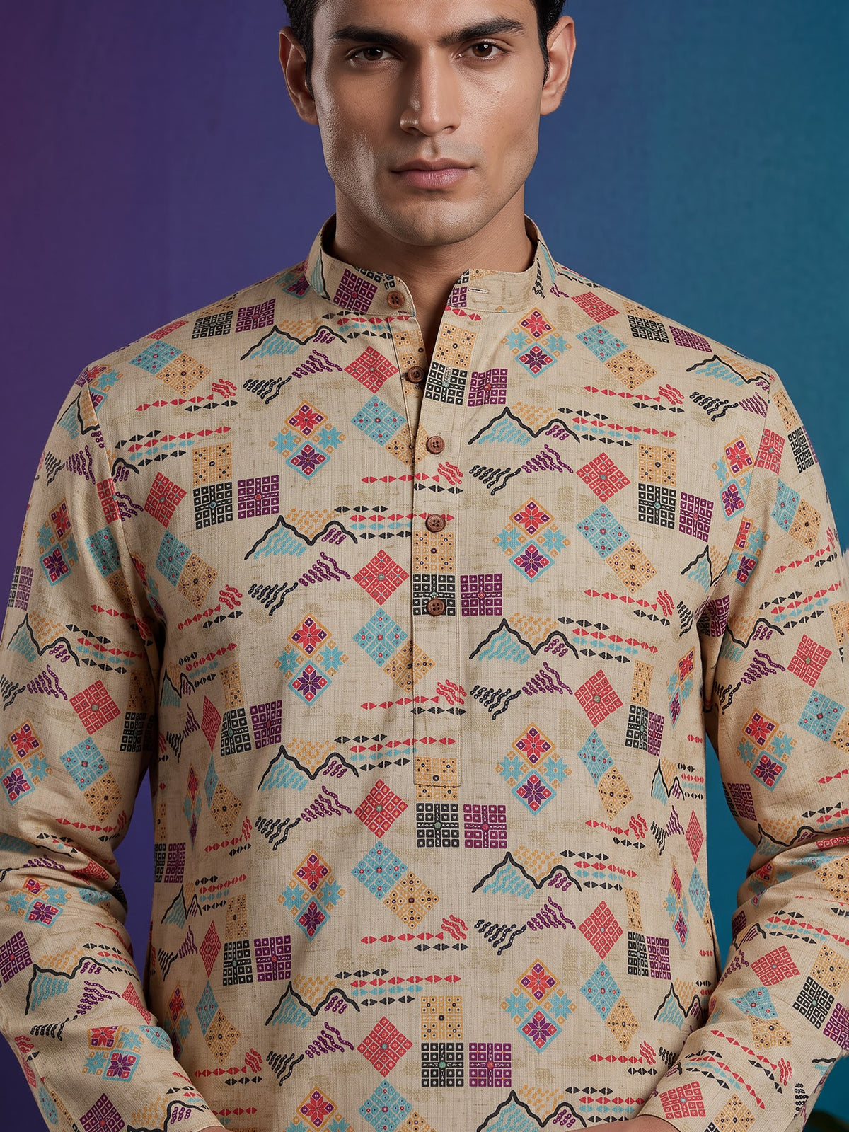 Beige printed cotton blend festive kurta suit for men with mandarin collar