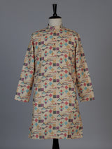 Beige printed cotton blend festive kurta suit for men with mandarin collar