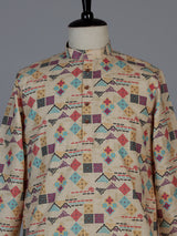 Beige printed cotton blend festive kurta suit for men with mandarin collar