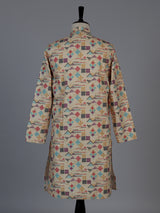 Beige printed cotton blend festive kurta suit for men with mandarin collar