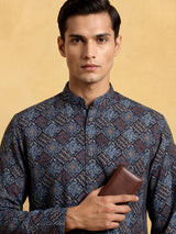 Blue printed cotton silk festive mandarin kurta suit for men