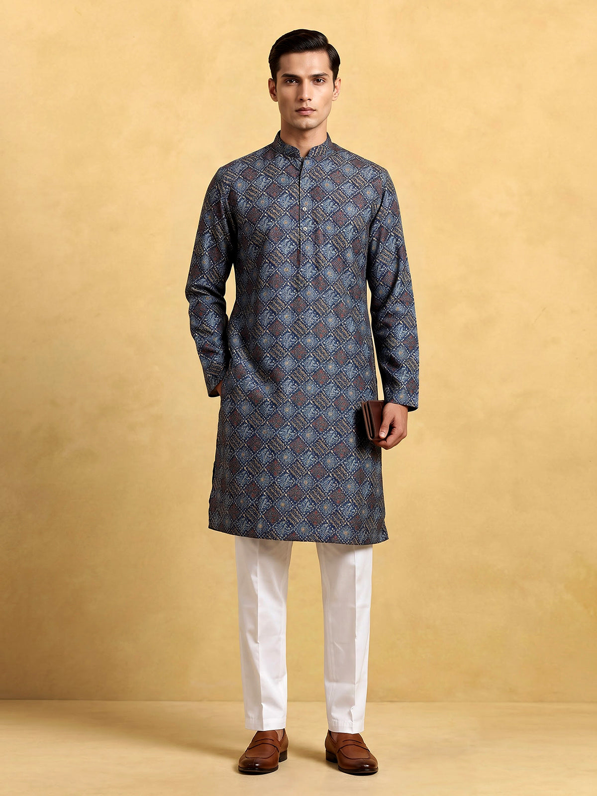 Blue printed cotton silk festive mandarin kurta suit for men