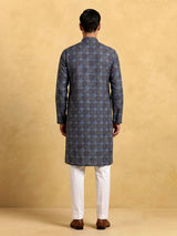 Blue printed cotton silk festive mandarin kurta suit for men