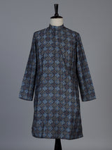 Blue printed cotton silk festive mandarin kurta suit for men