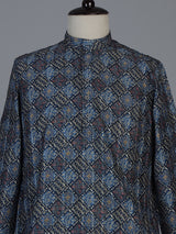 Blue printed cotton silk festive mandarin kurta suit for men