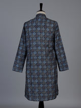 Blue printed cotton silk festive mandarin kurta suit for men