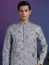 Mint blue floral cotton blend festive kurta suit for men