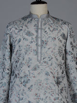 Mint blue floral cotton blend festive kurta suit for men