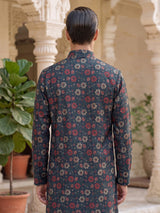 Blue cotton silk floral festive kurta suit for men with sequin accents