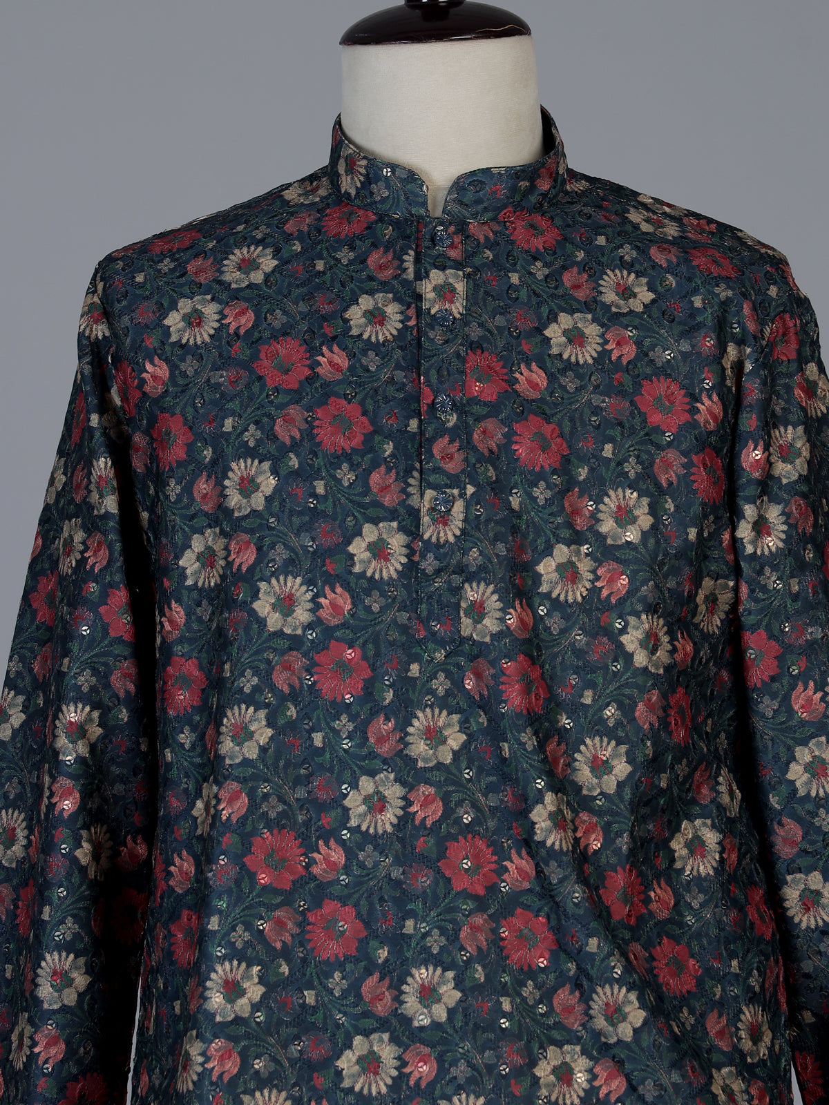 Blue cotton silk floral festive kurta suit for men with sequin accents