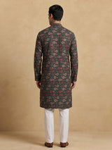 Bottle green cotton silk floral kurta suit for men with sequin detailing