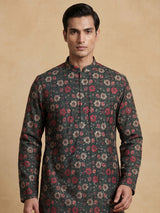 Bottle green cotton silk floral kurta suit for men with sequin detailing
