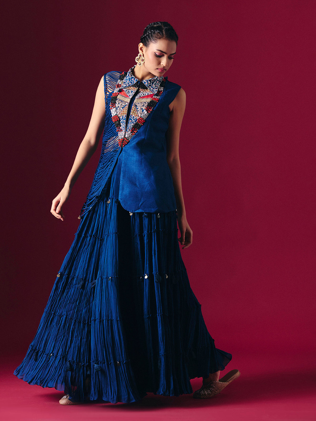 Blue raw silk indo western palazzo suit