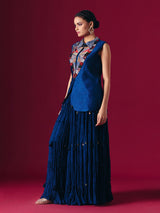 Blue raw silk indo western palazzo suit