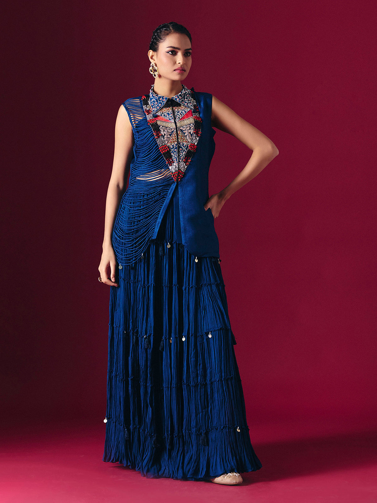 Blue raw silk indo western palazzo suit