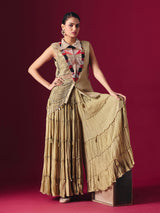 Beige raw silk designer indo western palazzo suit