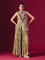 Beige raw silk designer indo western palazzo suit