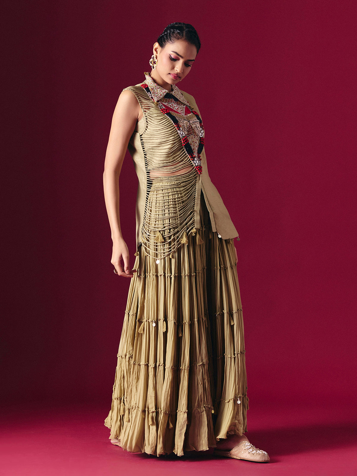 Beige raw silk designer indo western palazzo suit
