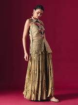 Beige raw silk designer indo western palazzo suit