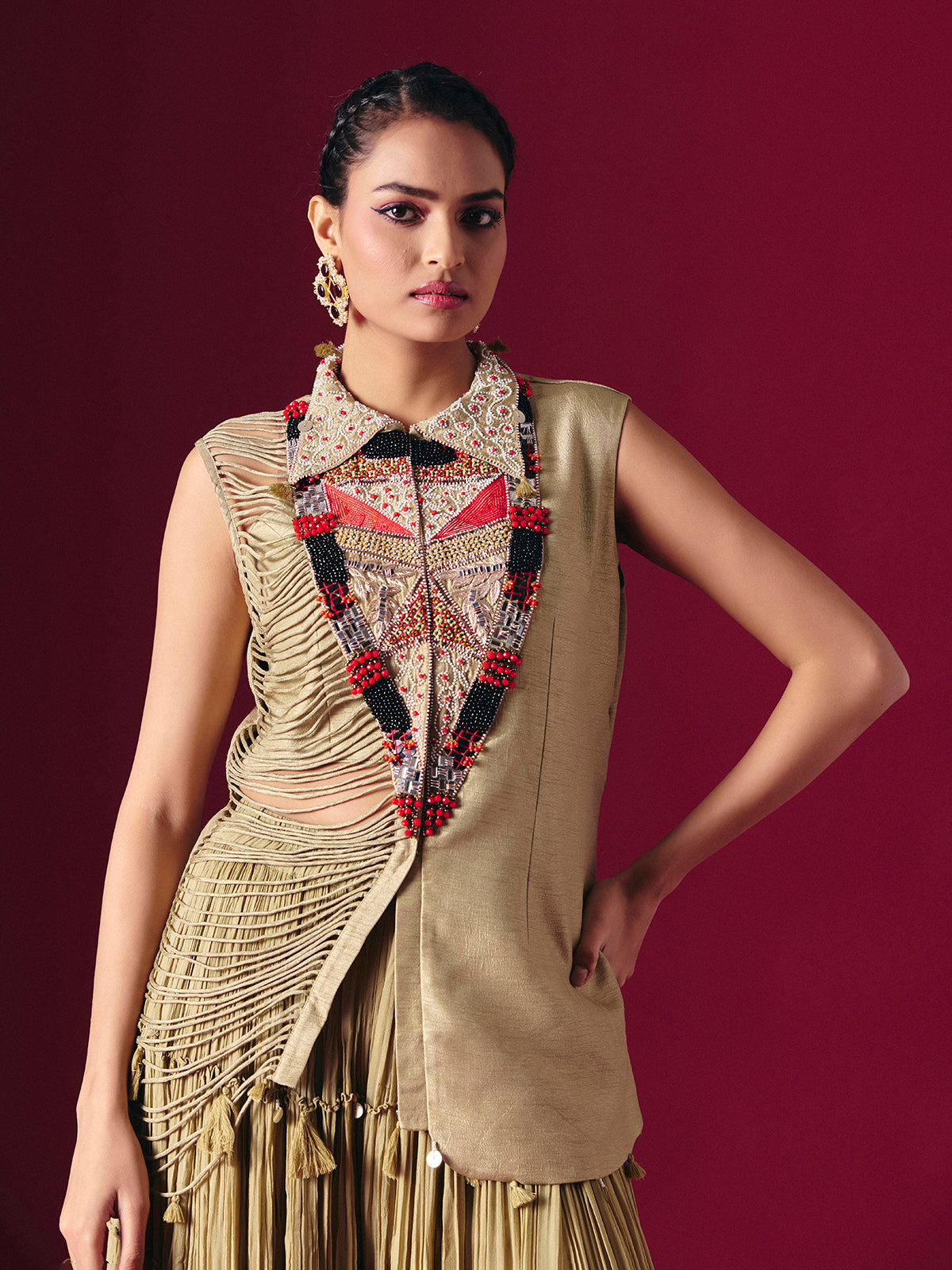 Beige raw silk designer indo western palazzo suit