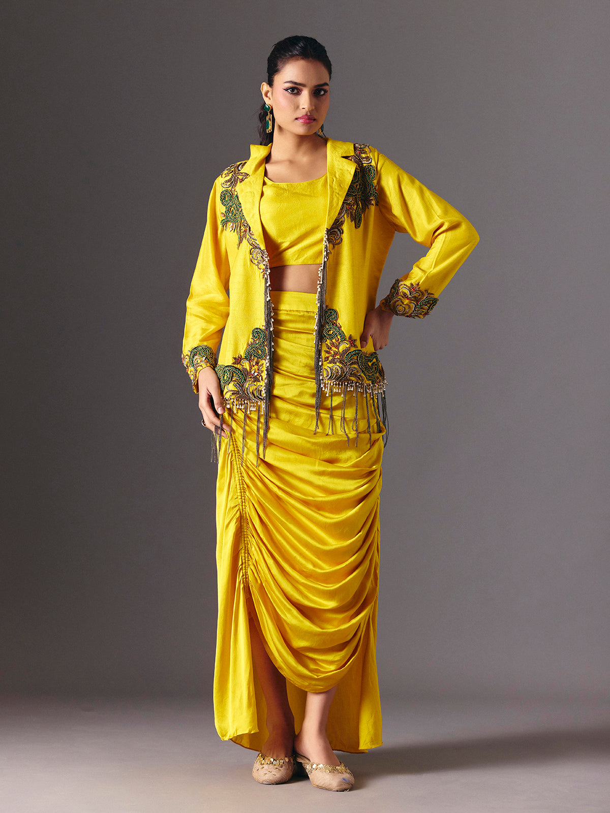 Yellow silk indo western festive wear salwar suit for women
