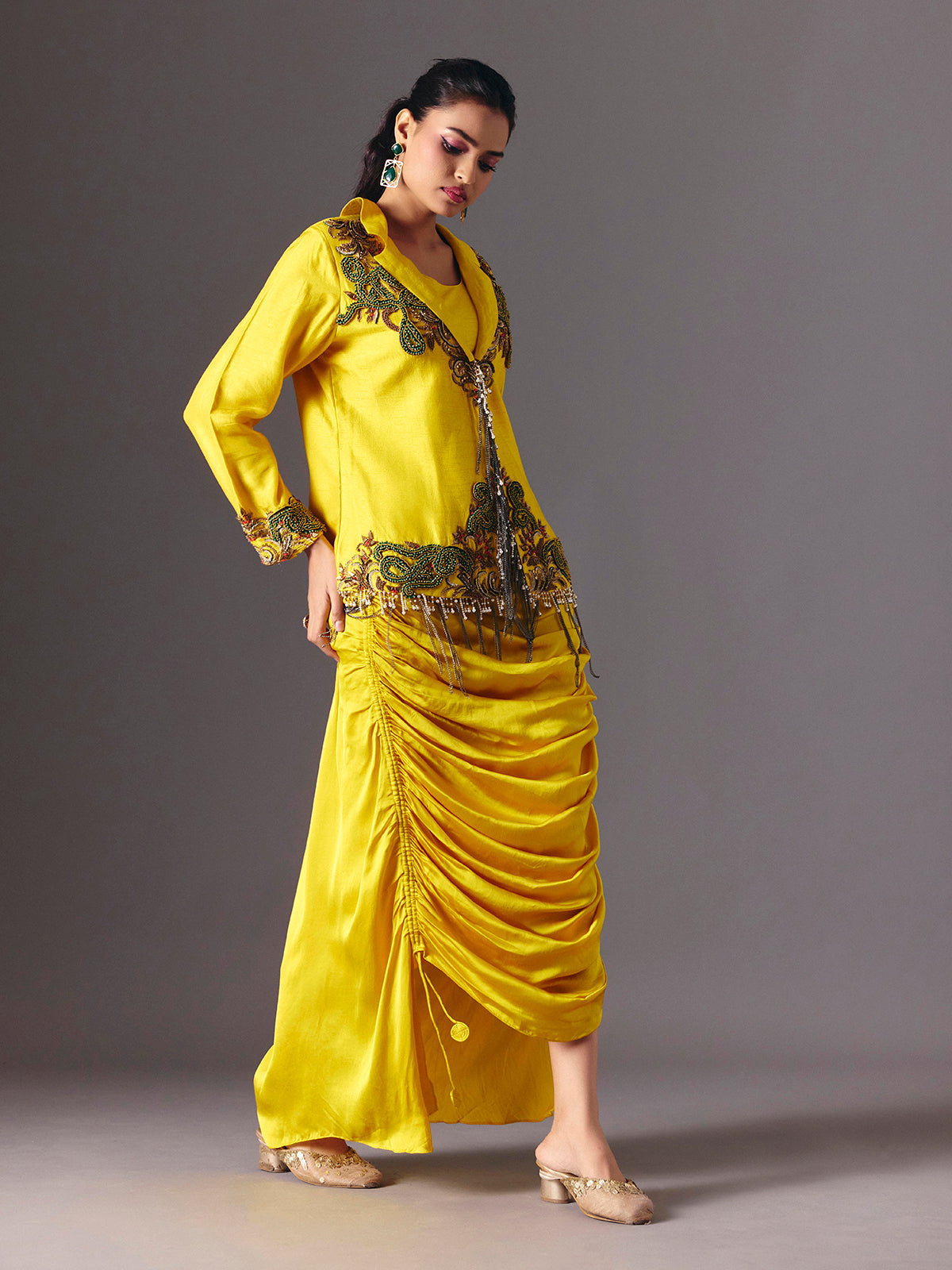 Yellow silk indo western festive wear salwar suit for women