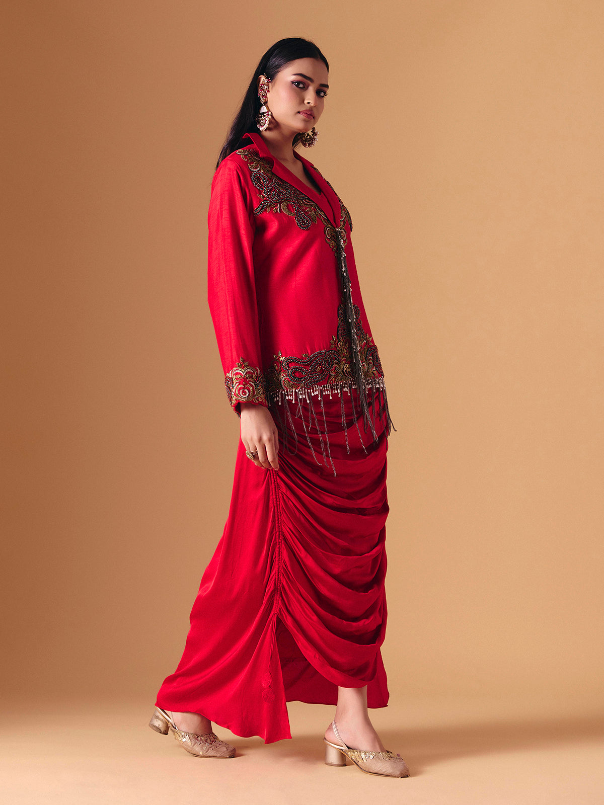 Red silk indo western wedding wear salwar suit for women
