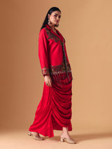 Red silk indo western wedding wear salwar suit for women