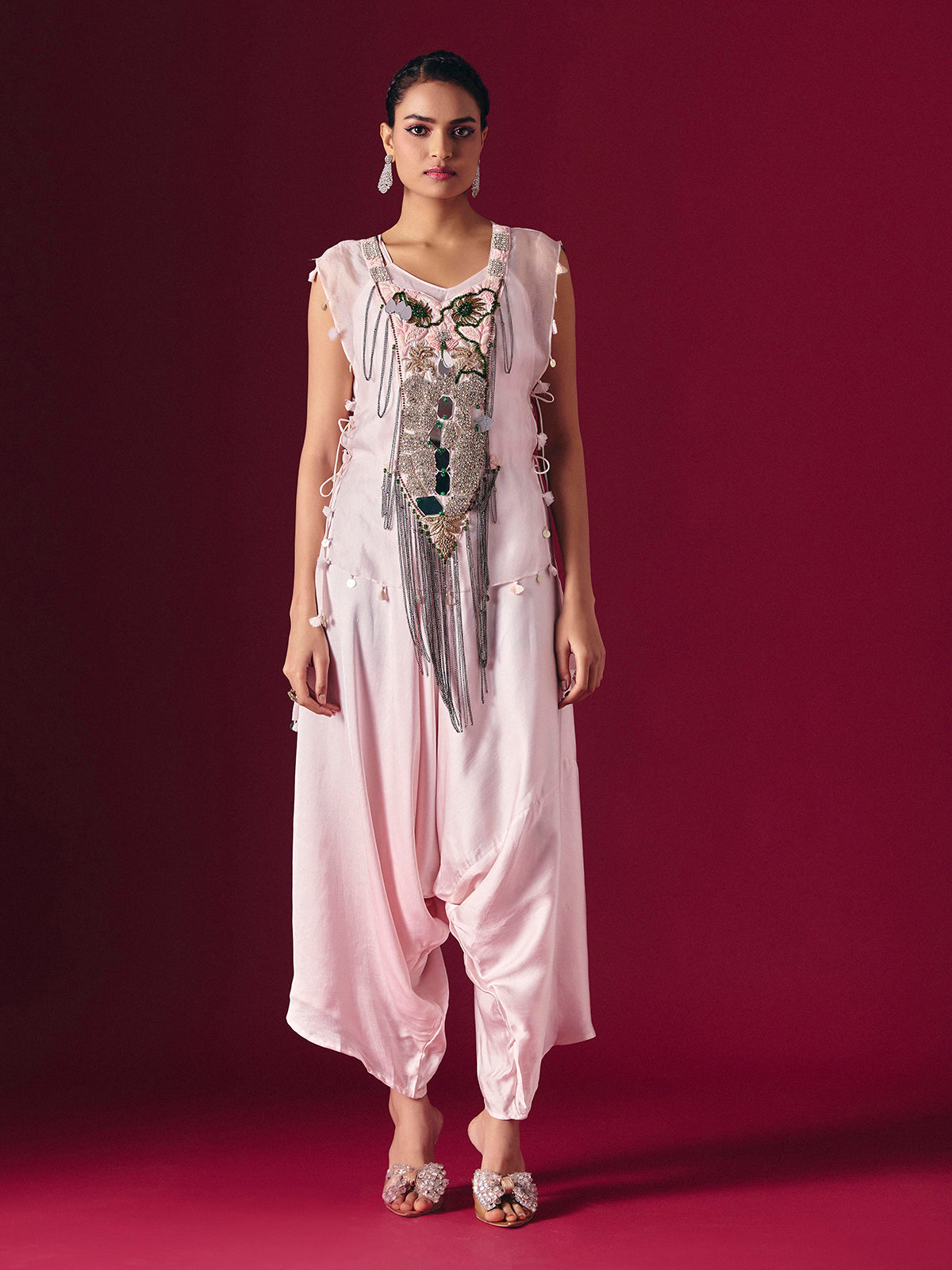 Light pink tissue silk indo western dhoti suit