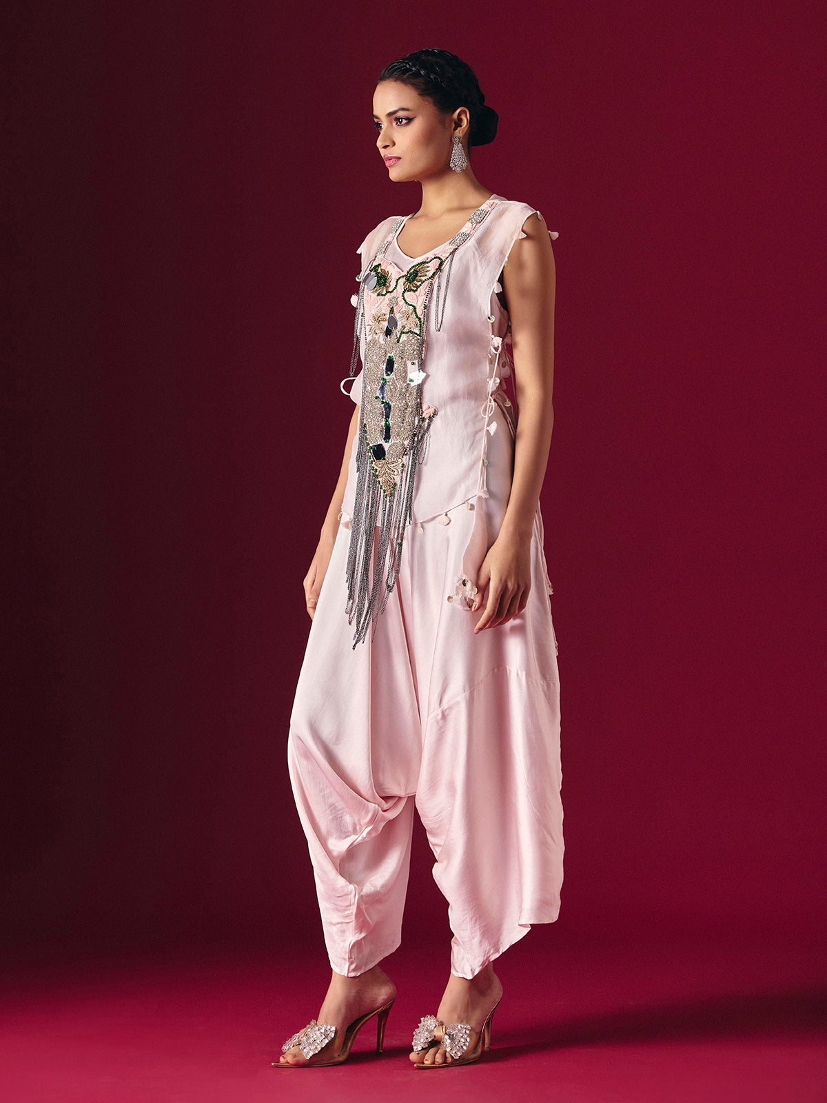 Light pink tissue silk indo western dhoti suit