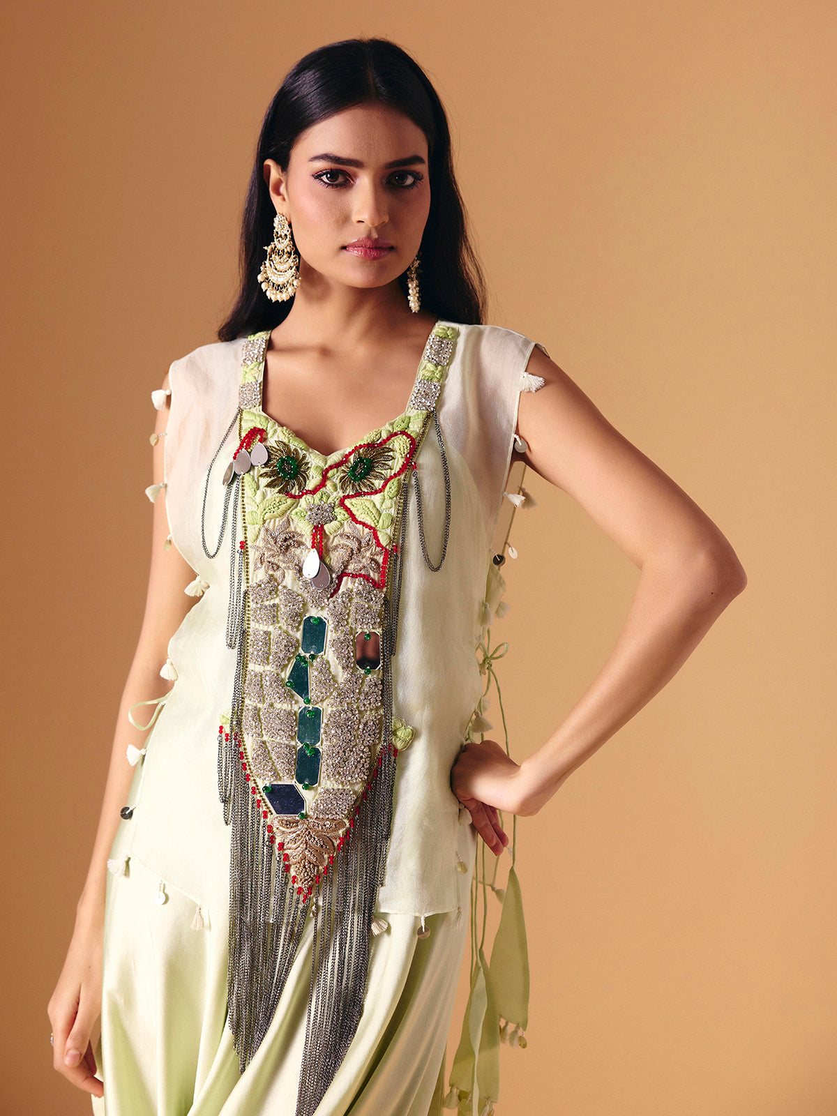Pista green tissue silk indo western dhoti suit