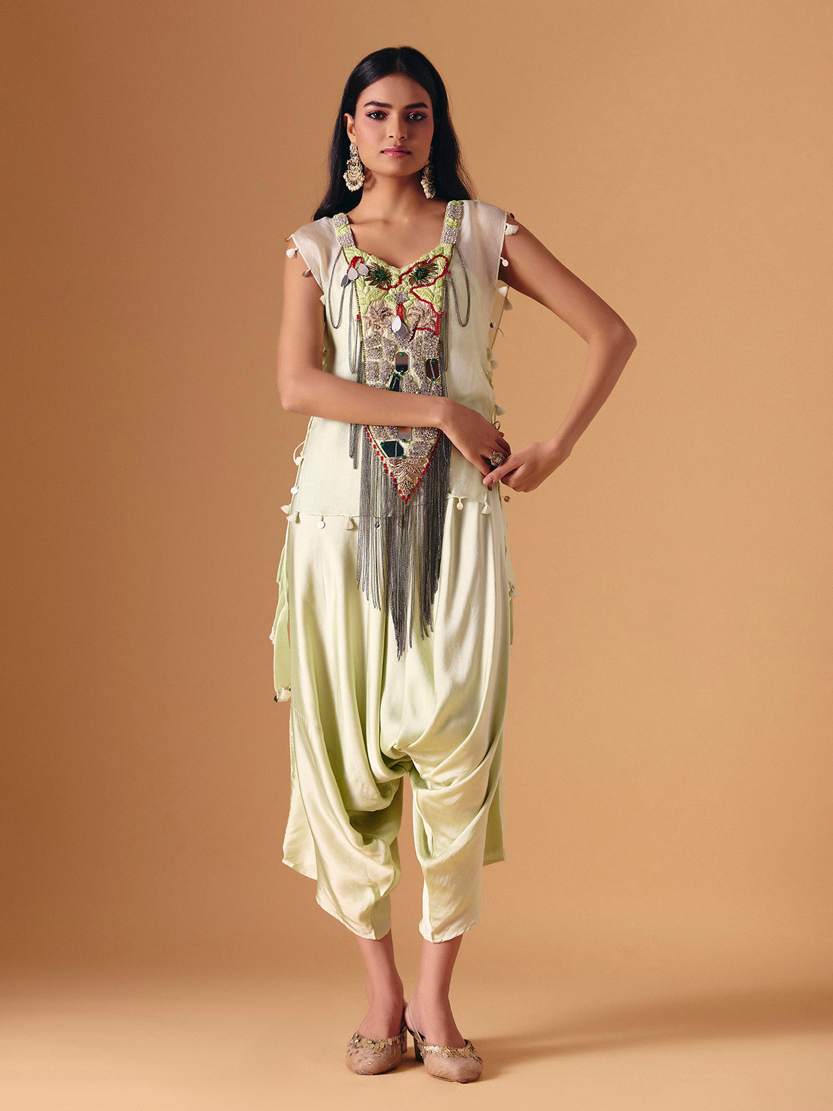 Pista green tissue silk indo western dhoti suit